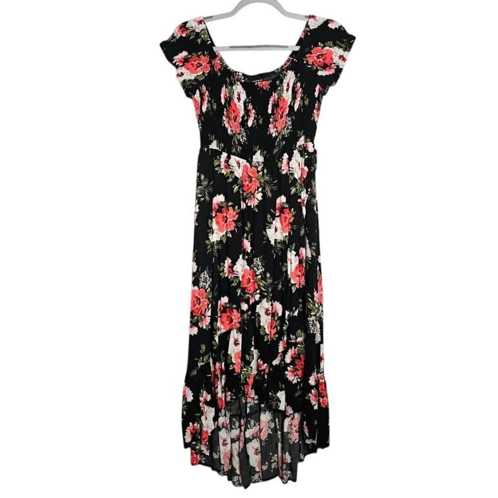 TORRID Challis Maxi Dress BLACK PINK & WHITE Floral size 00 M 10 Hi-Low Summer - Picture 2 of 11
